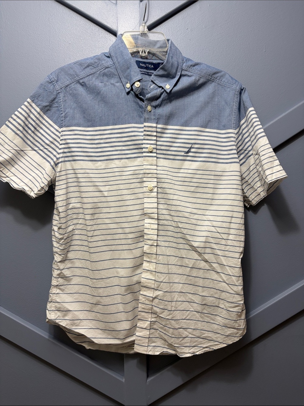 Nautica Blue and White Striped Short-Sleeve Button-Down Shirt